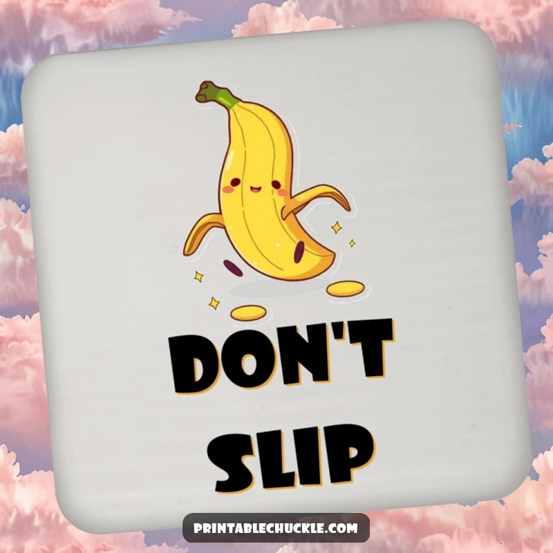 Funny banana peel drink coaster with a dramatic pratfall cartoon, offering humorous surface protection.