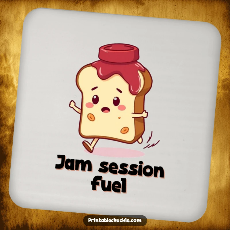 Funny drink coasters featuring a convinced bread slice character being chased by a giggling jar of jam, adding humorous breakfast vibes to your table.