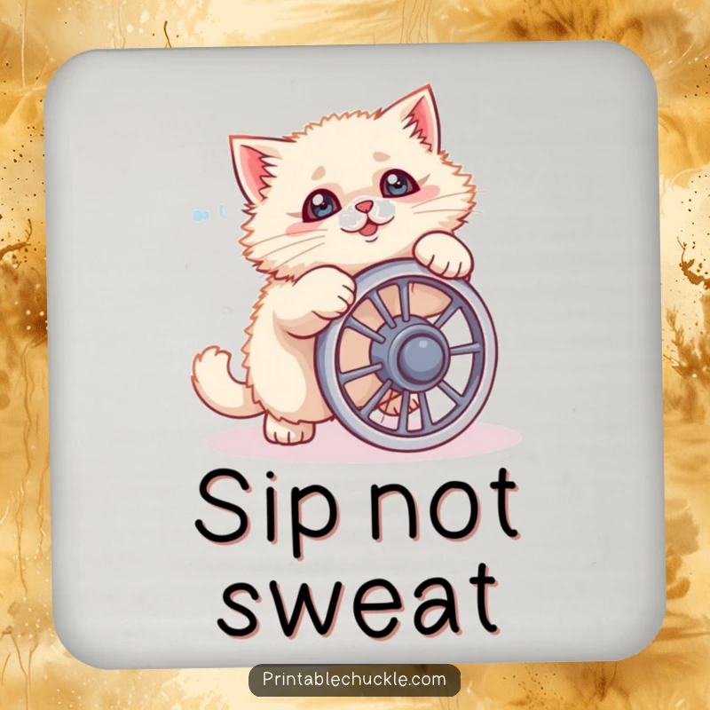 Funny cat coaster showing a fluffy cat comically failing with a tiny ab wheel, protecting surfaces with humor.