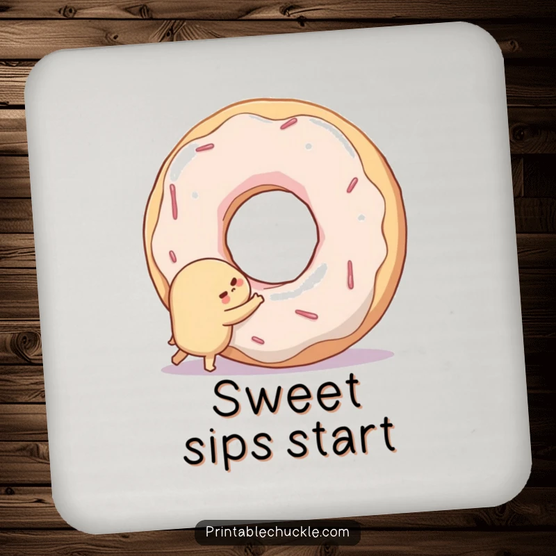 Funny drink coasters depicting a shy donut hugging a giant, smiling doughnut hole, protecting surfaces with charm.