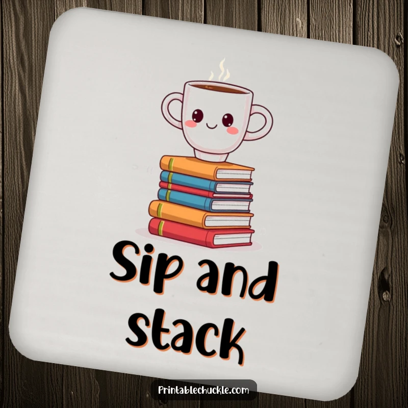 Funny drink coaster featuring a smiling coffee cup precariously balancing on a wobbly stack of books, offering humorous surface protection.