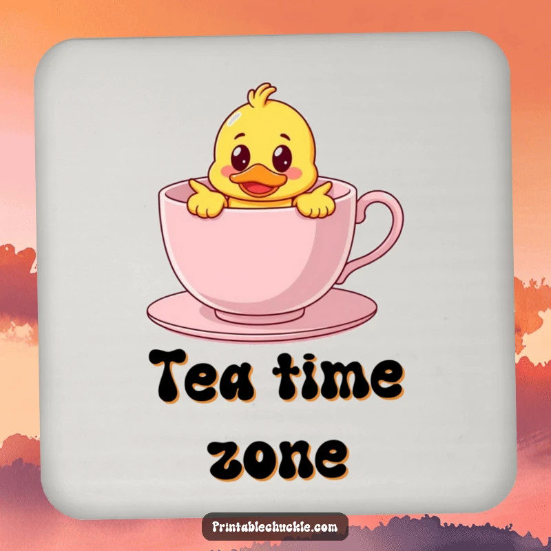 Funny drink coasters featuring a bewildered rubber duck character hilariously stuck inside a giant teacup, adding cute and humorous vibes to your table.