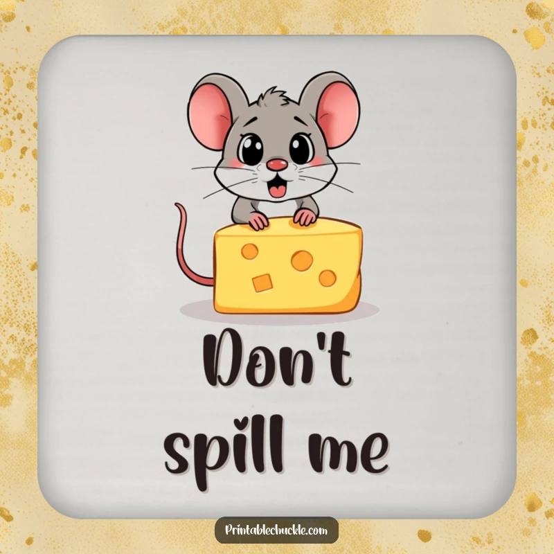 Funny coaster design of a startled piece of cheese trying to escape from a hungry cartoon mouse.