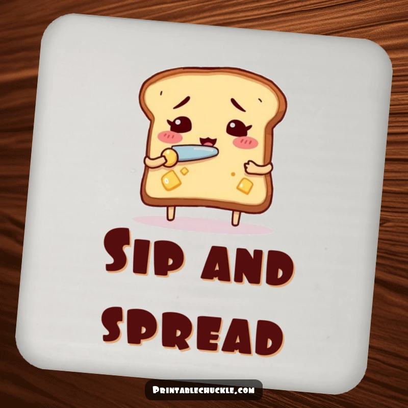 Funny nervous toast coaster, humorously shown nervously buttering itself with a tiny knife, a comical surface protector.