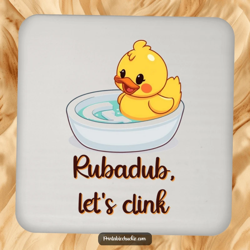 Funny drink coaster: a determined rubber duck navigating a bathtub maze, protecting surfaces with humor.