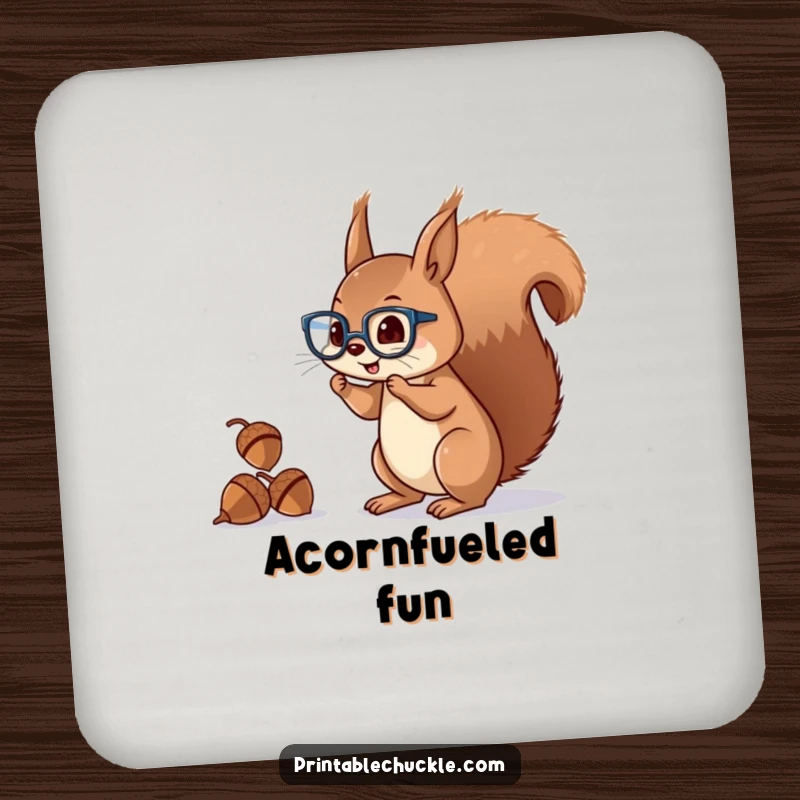 Funny squirrel coaster featuring a mischievous character with glasses juggling acorns with its tail, protecting surfaces.