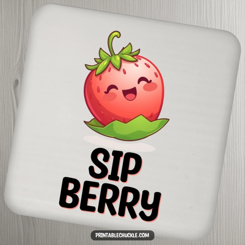 Funny strawberry drink coaster, a happy berry floating on its leaf, protecting surfaces with a dose of cuteness.