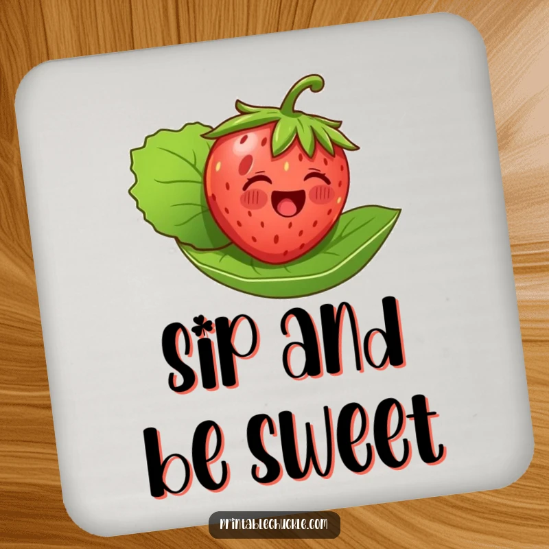 Funny drink coasters featuring a delighted strawberry floating on its leaf, protecting surfaces with a humorous and charming design.