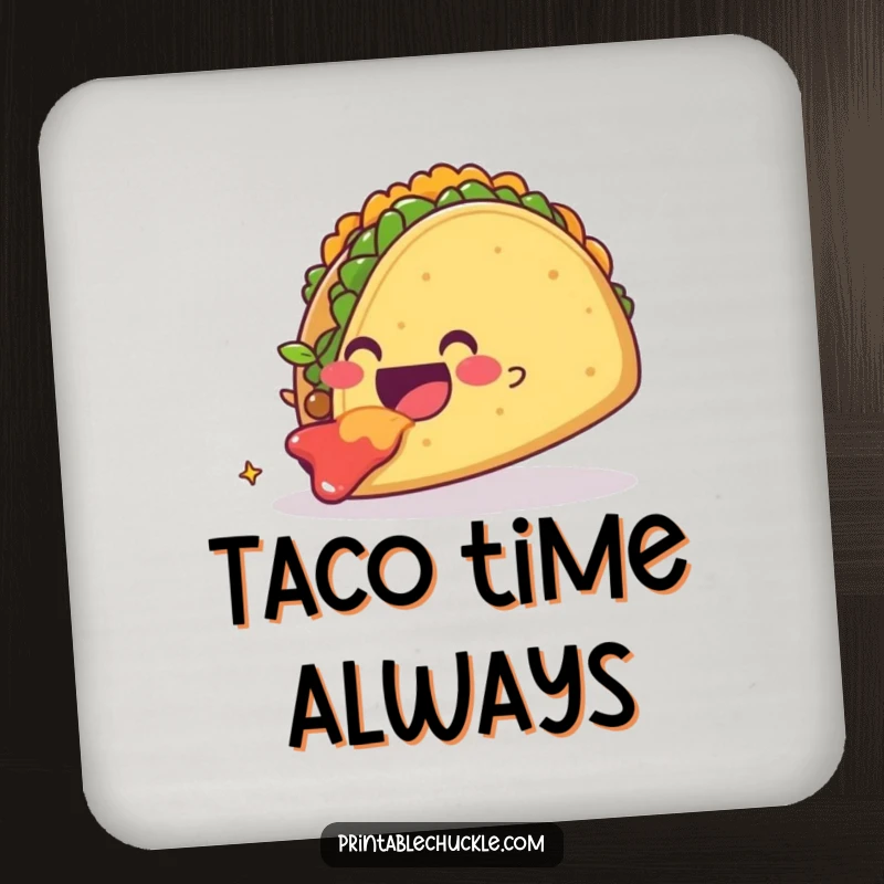Funny smiling taco character gleefully eating a giant taco, protecting surfaces. A practical and funny drink coaster.