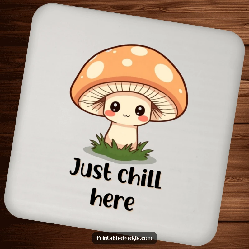 Funny drink coaster featuring a shy mushroom hiding under a quirky hat, adding whimsical flair.