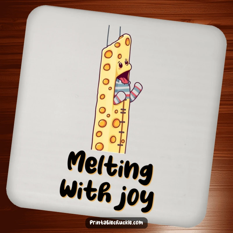 Funny sock puppet drink coaster with a determined puppet climbing a skyscraper made of cheese.