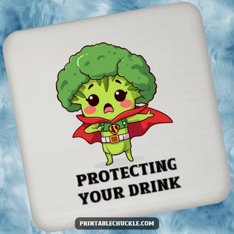 Funny drink coaster showcasing a surprised piece of broccoli wearing a superhero cape, a humorous protective gift.