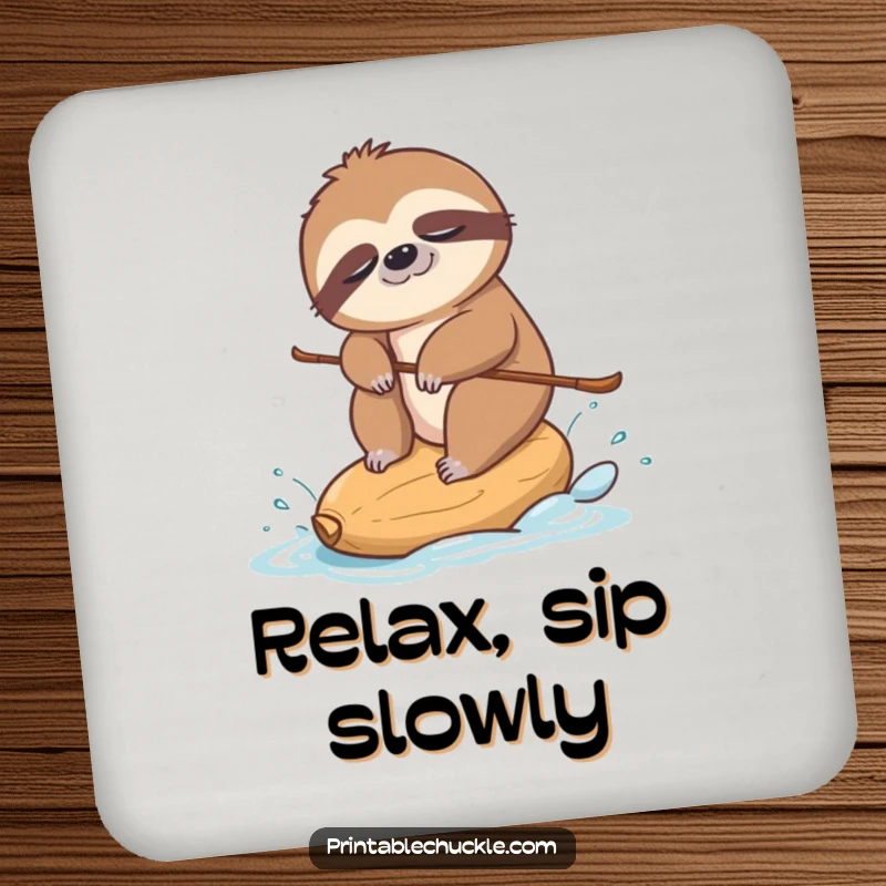 Funny drink coaster with a sleepy sloth water-skiing on a cashew nut, adding a humorous touch to tabletops.