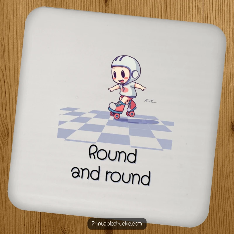 Funny drink coaster depicting a roller skate character in a dizzy spin on a checkered floor, a humorous tabletop accessory.