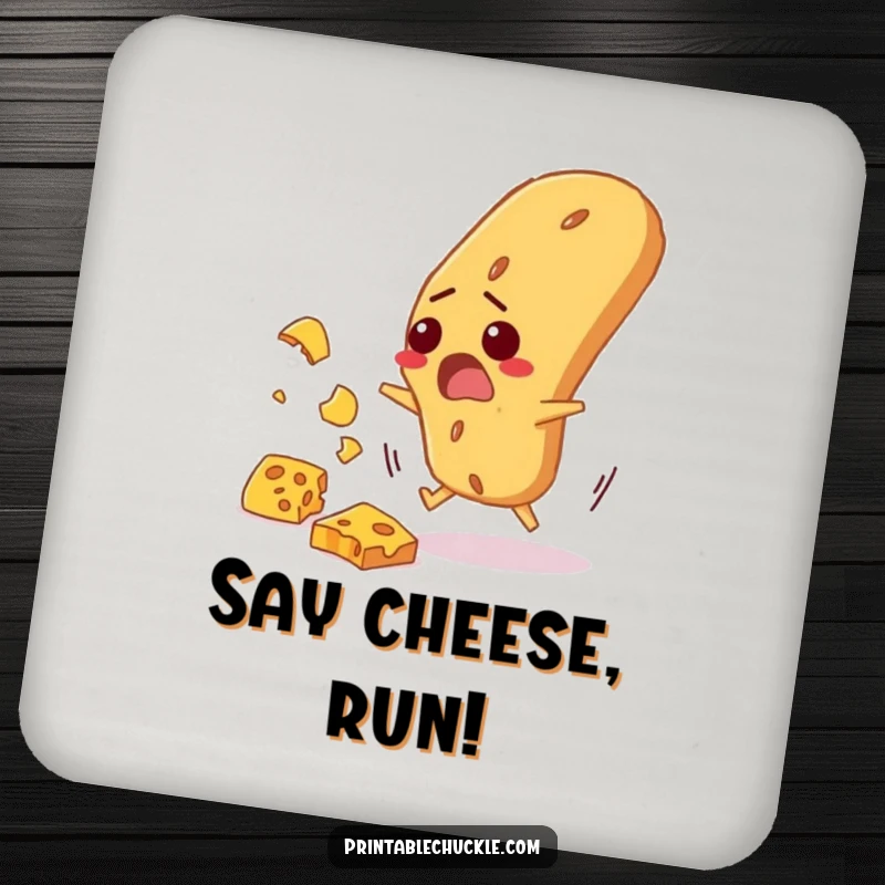 Funny drink coaster featuring a startled baguette comically dodging falling cheese, offering humorous surface protection.
