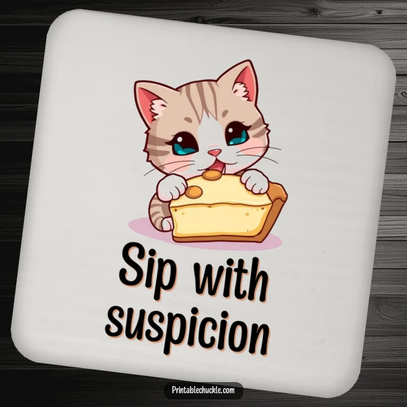 Funny coaster showing a mischievous cat attempting to steal a slice of pie, practical funny gift.