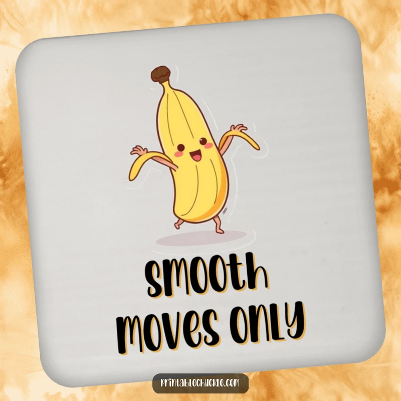 Funny dancing banana coaster, depicting a banana in a comical spin while attempting to peel itself, a humorous surface protector.