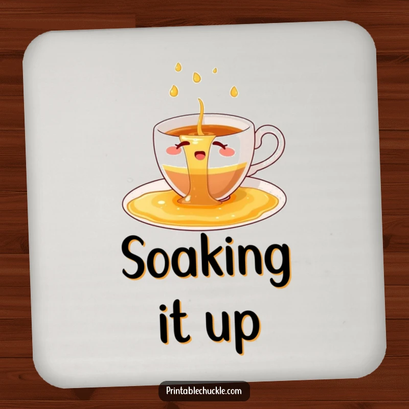 Funny coaster design of a bewildered teacup trying to hold a waterfall of spilled tea.