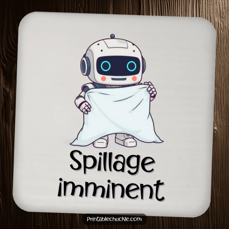 Funny drink coaster featuring a clumsy robot hilariously attempting to fold a fitted sheet, protecting surfaces.
