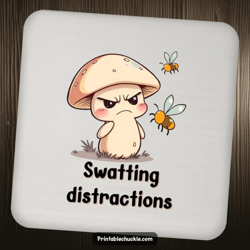 Funny drink coaster depicting a grumpy mushroom character trying to swat away a buzzing fly, a humorous tabletop accessory.