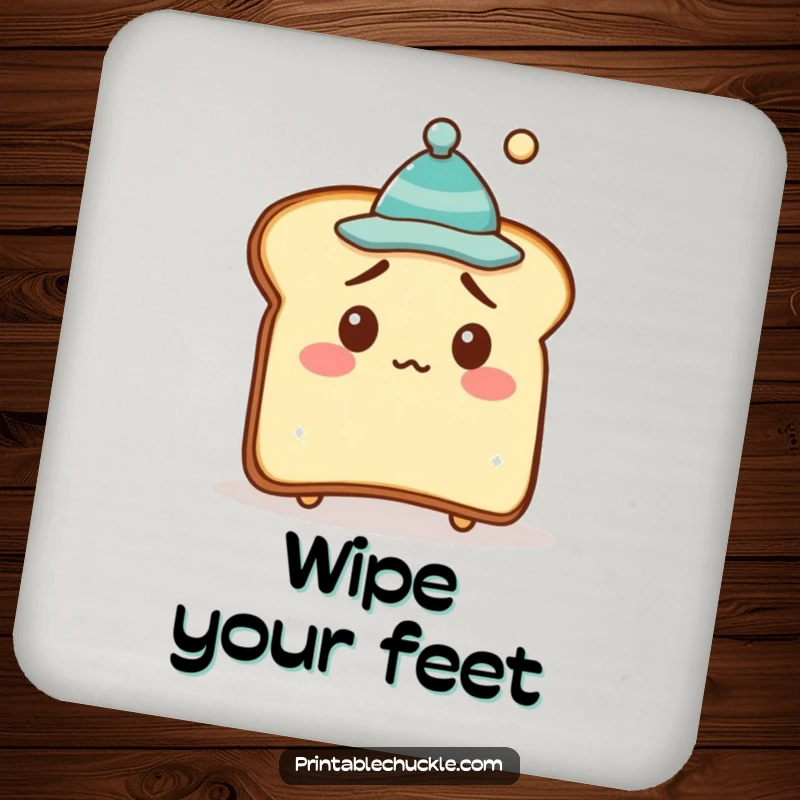 Funny Drink Coaster featuring a bewildered piece of toast wearing a small, crooked hat, protecting surfaces with comical charm.