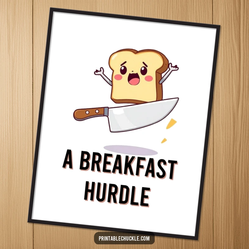 Funny poster depicting a brave piece of toast leaping over a giant butter knife, a humorous piece of kitchen wall art.