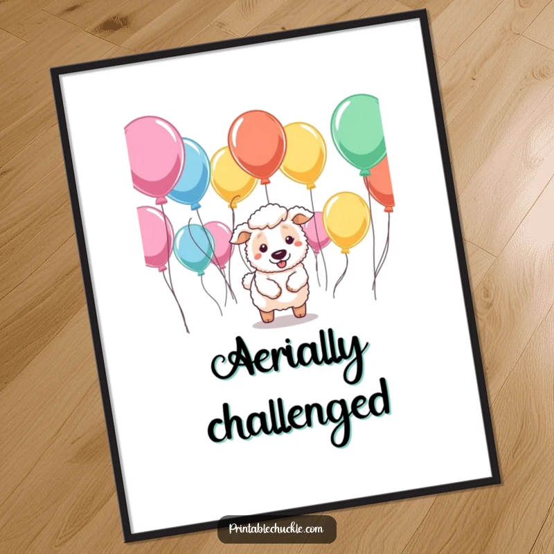 Funny poster showing a dedicated sheepdog attempting to herd a flock of unpredictable balloons, a whimsical piece of art.