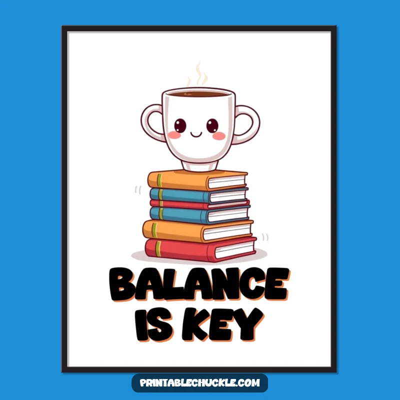 Funny Coffee Book Balance Poster: Smiling Cup on Books Art, Humorous Reader Decor