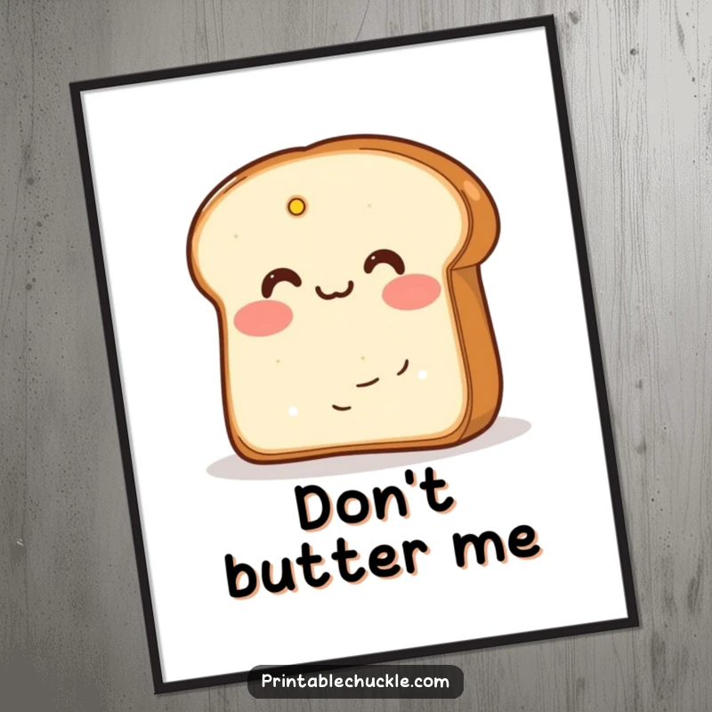 Funny poster featuring blushing bread hiding behind butter, adding cute and humorous art to any wall.