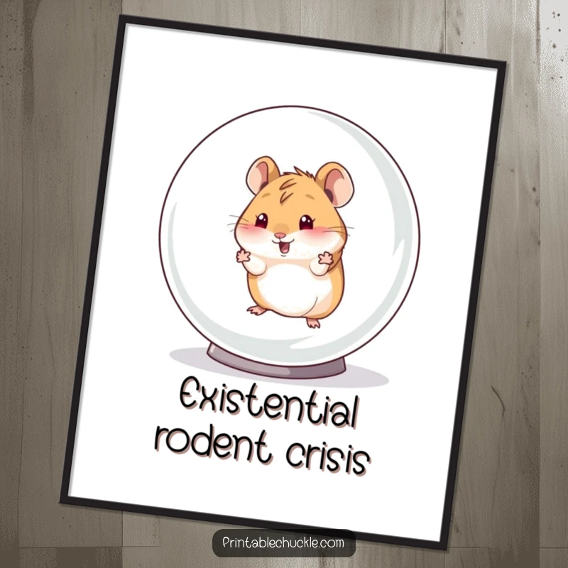 Funny poster depicting a hamster's comical breakout from a giant hamster ball, a piece of humorous wall art for amusement.