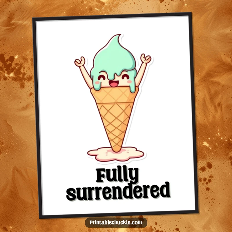 Funny poster of a triumphant melted ice cream cone celebrating its state, bringing summer joy to decor.
