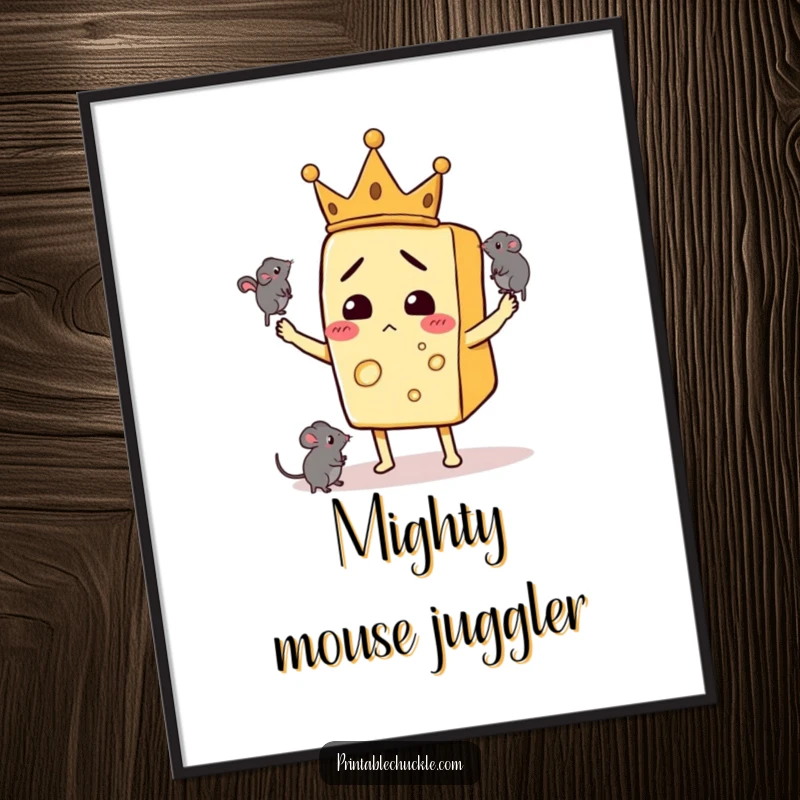 Funny poster depicting a confused cheese slice wearing a tiny crown and juggling mice against a simple background.