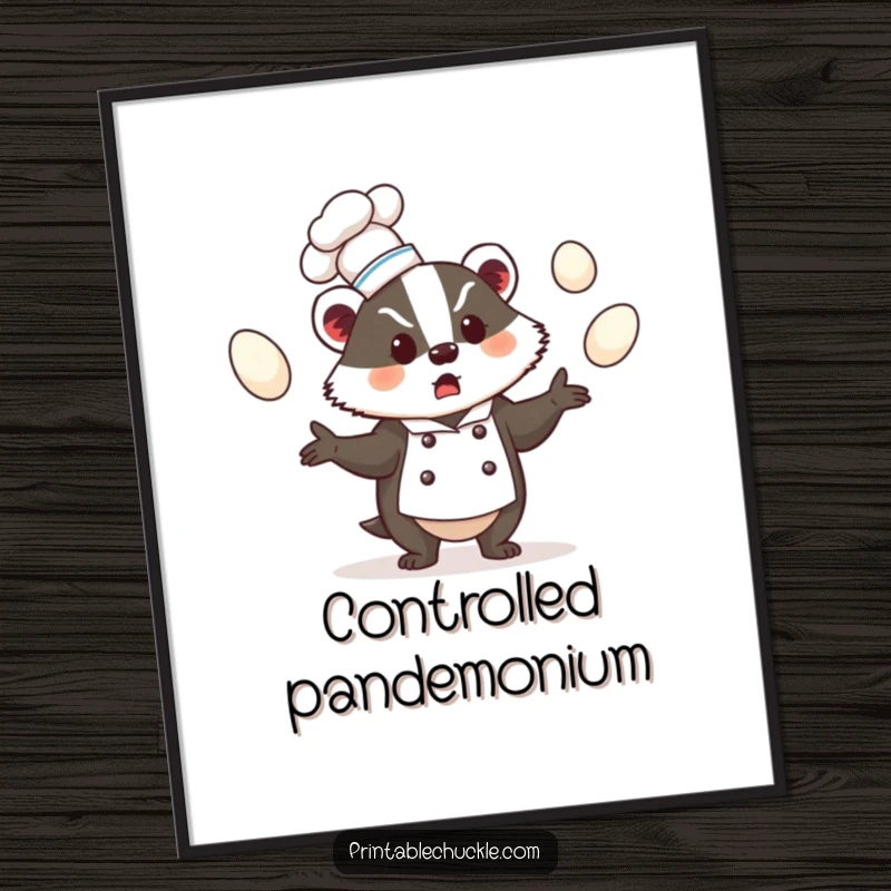 Funny poster art of a badger in a chef hat juggling eggs with a bewildered expression, whimsical funny gift.