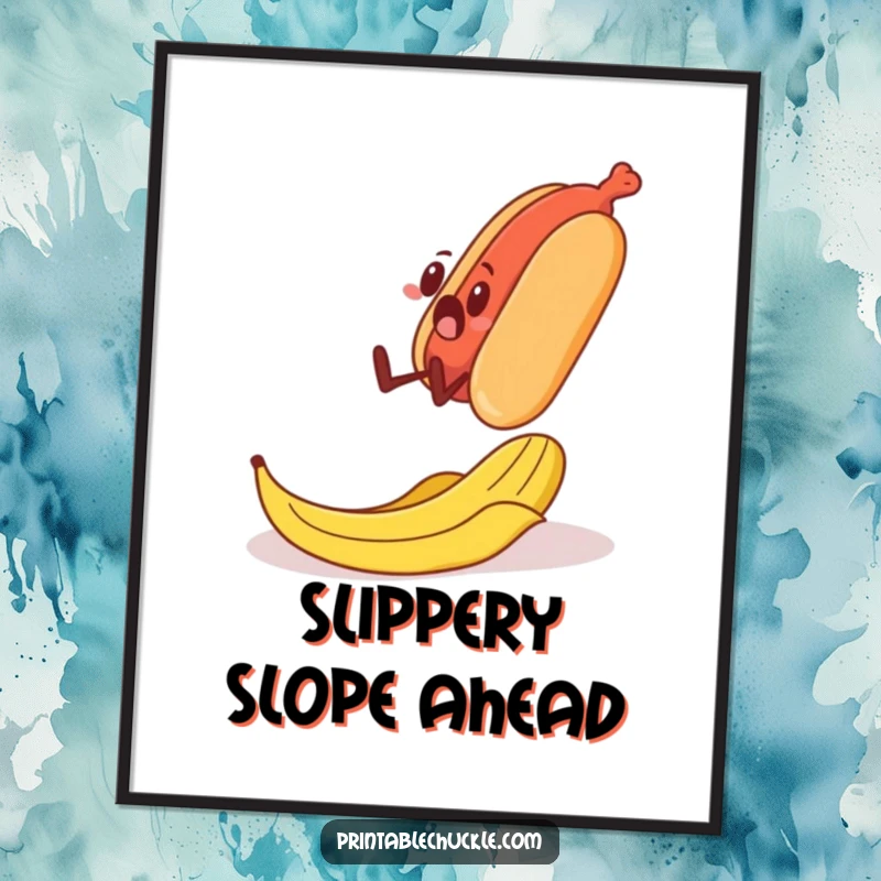 Funny poster print of a shocked banana peel sliding under the feet of a walking hot dog, representing a classic comedic mishap.