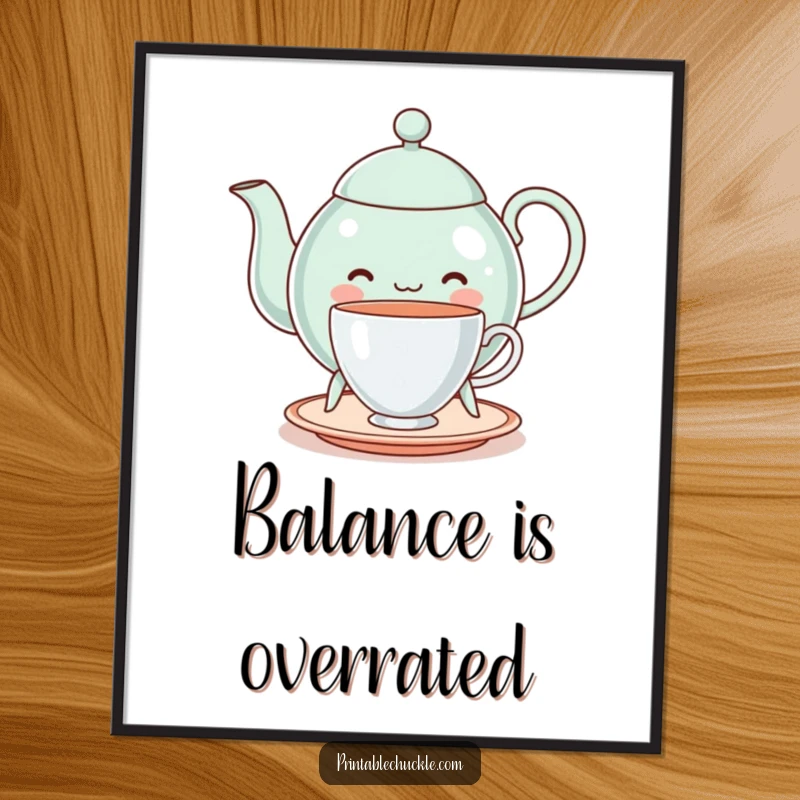 Funny cheerful teapot on legs, struggling to balance a teacup, as wall art, adding whimsical humor, a funny gift.