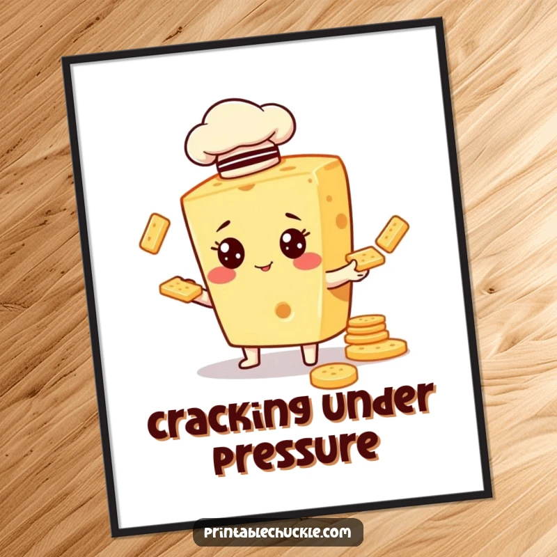 Funny poster print of a cheese character in a chef hat, comically juggling crackers, adding a touch of whimsy.
