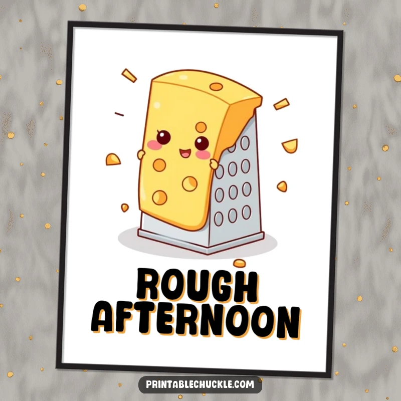 Funny poster art of a slice of cheese comically stuck in a cheese grater, whimsical funny gift.