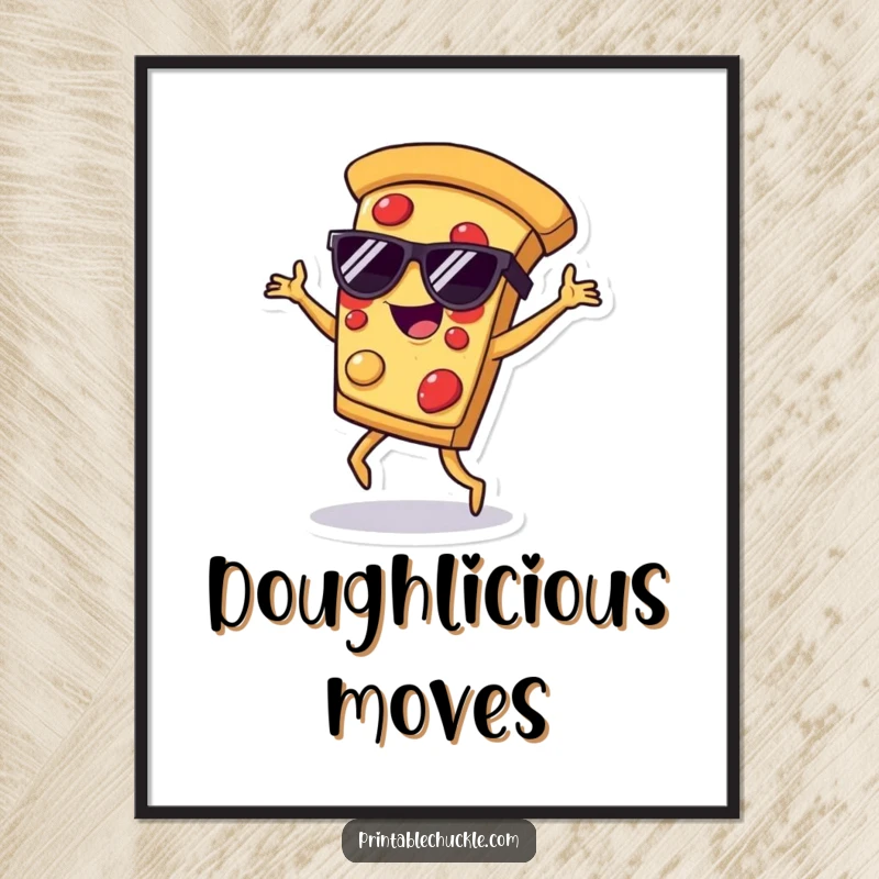 Funny poster of a pizza slice wearing sunglasses, breakdancing with energetic and joyful moves, adding fun to decor.