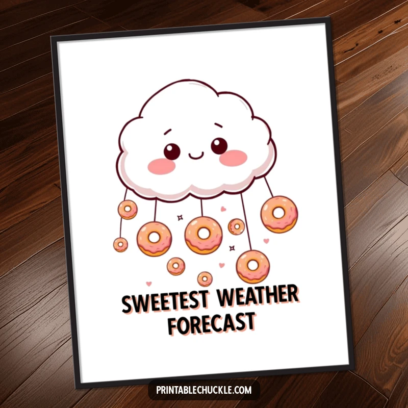 Funny giddy cloud raining tiny, floating donuts, depicted as charming wall art.