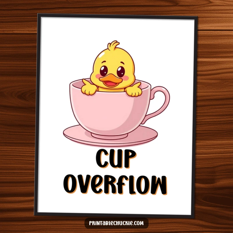 Funny poster showcasing a bewildered rubber duck character hilariously stuck inside a giant teacup, ideal for whimsical wall art.
