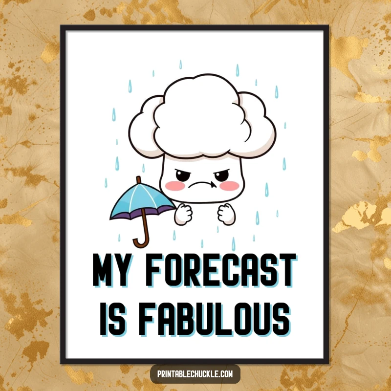 Funny poster print of a grumpy cloud creatively raining down miniature, perfectly shaped umbrellas, adding a touch of whimsical, humorous art.