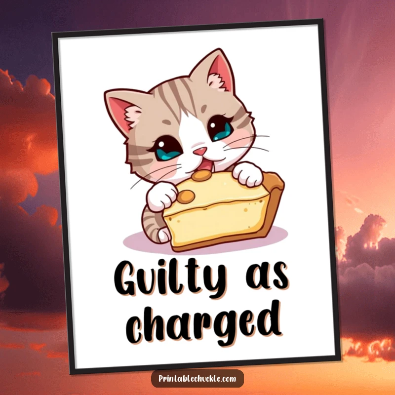 Funny poster art of a mischievous cat attempting to steal a slice of pie, whimsical funny gift.