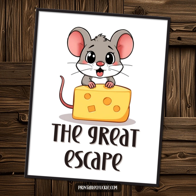 Funny poster depicting a startled piece of cheese attempting to escape from a hungry cartoon mouse.