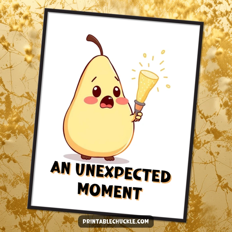Funny poster print of a pear looking comically surprised by a popping champagne cork, a humorous and vibrant illustration.