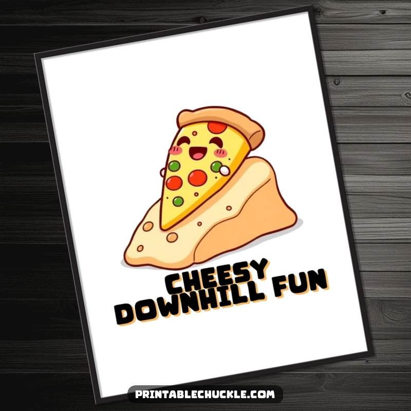 Funny happy pizza slice sliding down a cheese slope, as funny wall art, a delightful and funny gift.