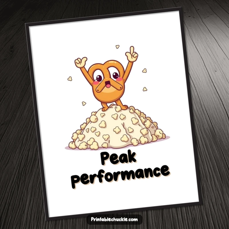 Funny poster art of a triumphant pretzel character doing a victory pose after climbing a mountain of popcorn.