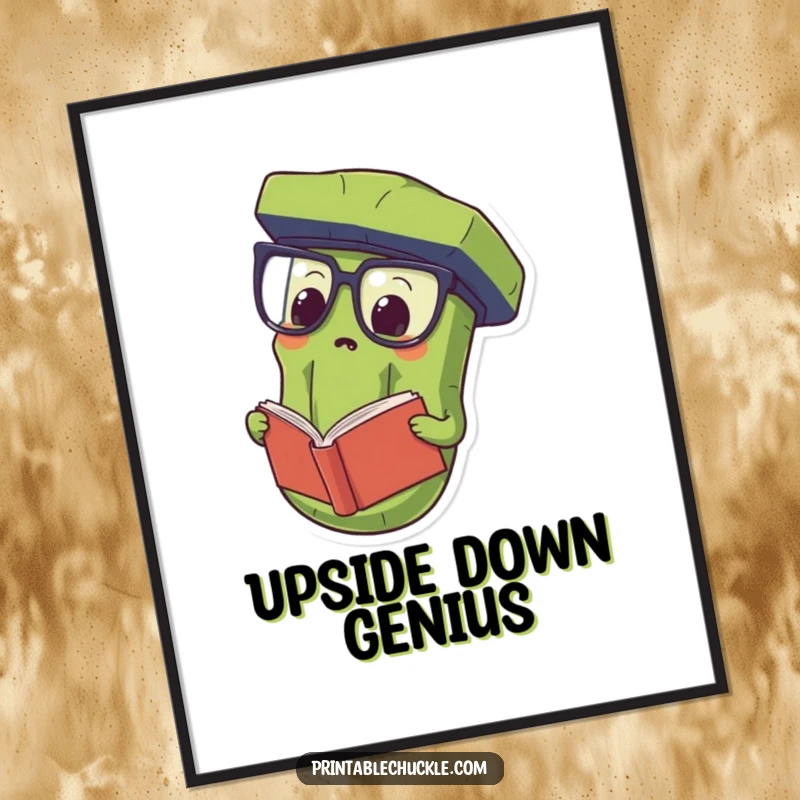 Funny Poster art of a proud pickle wearing oversized spectacles and reading a book upside down, adding quirky wisdom.