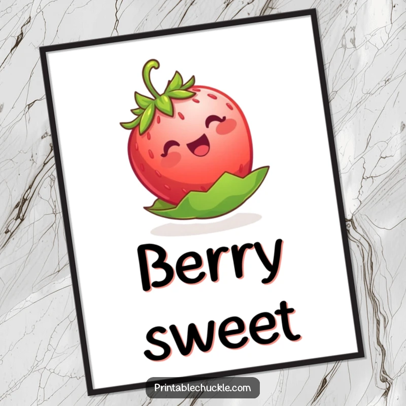 Funny strawberry poster, a cute berry attempting to float on its leaf, adding a touch of whimsical joy.
