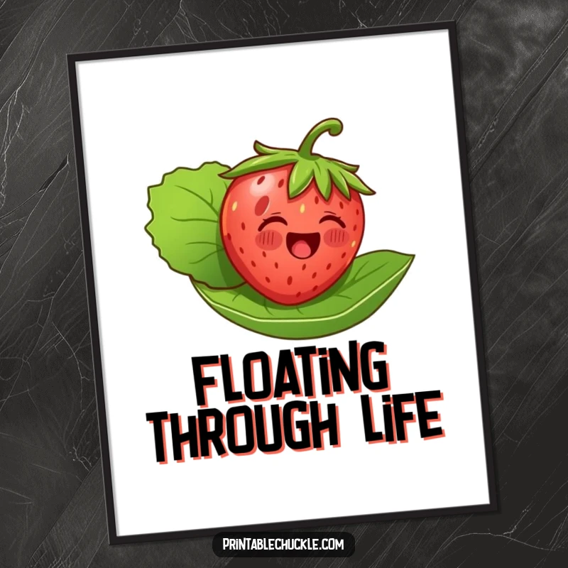 Funny poster art of a single, delighted strawberry happily floating on its own leaf, conveying a sense of simple, peaceful joy.