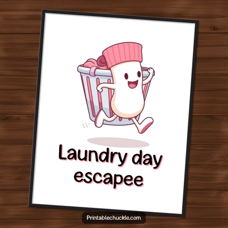 Funny poster illustrating a sock with legs sprinting away from a laundry basket, depicting laundry day freedom.